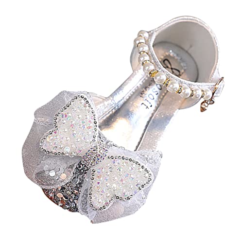 Mode Frühjahr und Sommer Mädchen Sandalen Partykleid Tanzshow Prinzessin Schuhe Strass Doppelschicht Mesh Bowknot Perle Gürtelschnalle Ballettschuhe für Kinder (Silver, 5-5.5 Years Little Child) von Generic