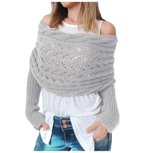 Mode Her b st Winter Warm Häkeln Stricken Einfarbig Wrap Schal Shawl Cape mit Ärmeln Damen Herren Schal Damen Winter Umhangschal Mit Ärmeln Elegante Bluse Pullover Schal (Light Gray, One Size) von Generic