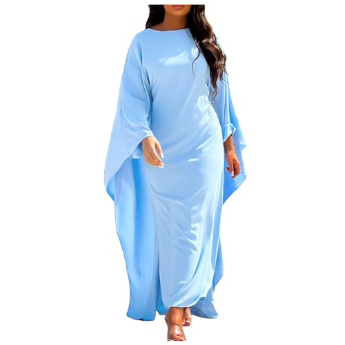 Mode Satin Party Kleid Robe Abaya Muslimische Frauen Elegante Solide Rundhals Fledermaus Ärmel Lose Maxi Kleid Frauen Party Outfit Damen (Blue, S) von Generic