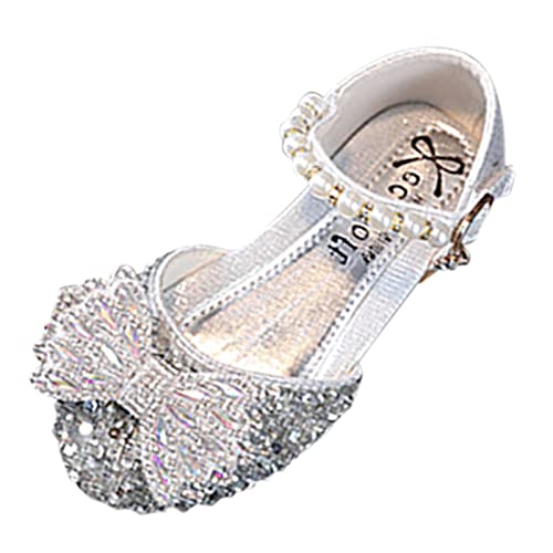 Mode Sommer Mädchen Sandalen Kleid Leistung Tanzschuhe Glänzende Strass Pailletten Schleife Perle Schnalle Schwarze Schuhe für Mädchen (Silver, 5.5-6 Years Little Child) von Generic