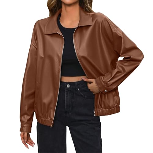Mode für Damen Lederjacke Damen Bikerjacke Reverskragen Motoradjacke | Jacke mit Reißverschluss und Tasche Übergangsjacke für Frühling Herbst XL A Brown von Generic