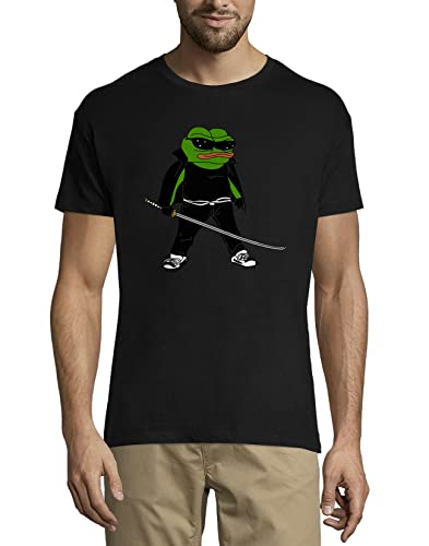 Modern Samurai Pepe The Frog Funny Meme Herren T-Shirt aus Baumwolle mit Rundhalsausschnitt Schwarz Large von Generic