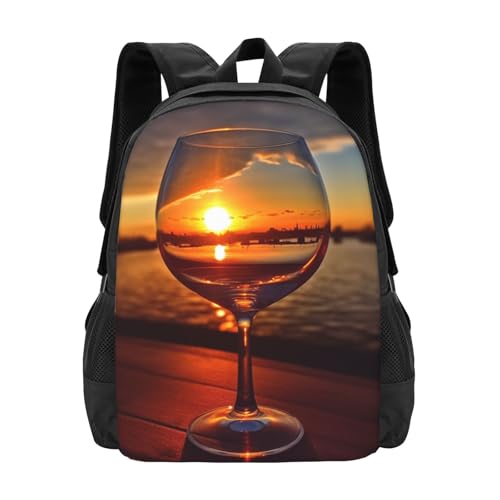 Moderner Laptoptasche Weinglas Im Sonnenuntergang Druck Wanderrucksack Multifunktion Backpack Für Geschenk, Schule, Universität, 42X32X14Cm von Generic