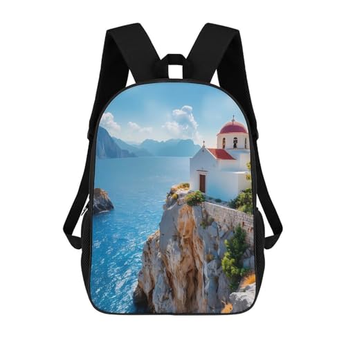 Moderner Wanderrucksack Griechenland Kirche Auf Der Klippe des Meeres Rucksack Stylischer Laptoptasche Für Wandern, Schule, Job, 42X32X14Cm von Generic