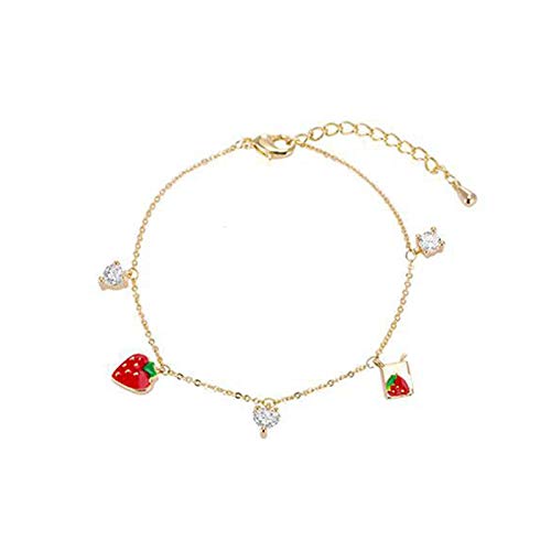 Modeschmuck Armband Fußketten Damen Mädchen Lederarmband Freund Herz niedlich Strawberry süß Zirkon kleine Mädchen Valentine Geschenk Schmuck (Gold, One Size) von Generic