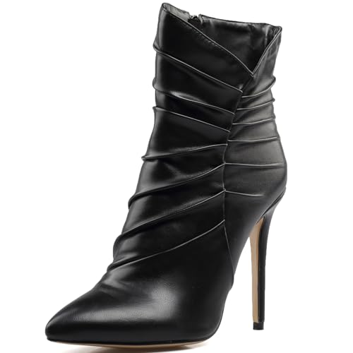 Modische, elegante Stiefeletten für Damen, sexy, spitzer Zehenbereich, Stiletto-Absatz, Plissee-Leder, einfarbig, einfache Western-Party-Kurzstiefel,Schwarz,45 EU von Generic