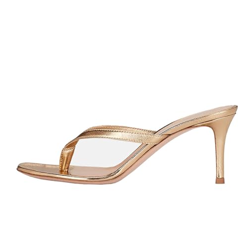 Modische Flip-Flops mit Stiletto-Absatz für Damen, Runde Zehenpartie Rückenfreie Hausschuhe Offene Zehenpartie Slip-On-Party-Sandalen mit Absatz Bequeme Sommer-Strandschuhe,Gold,45 EU von Generic