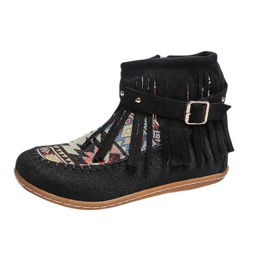 Modische Fransenstiefeletten mit seitlichem Reißverschluss bequemen, lässigen Stiefeletten für den Winter (Black, 41) von Generic