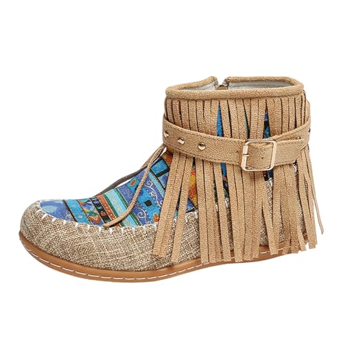 Modische Fransenstiefeletten mit seitlichem Reißverschluss bequemen, lässigen Stiefeletten für den Winter (Khaki, 42) von Generic