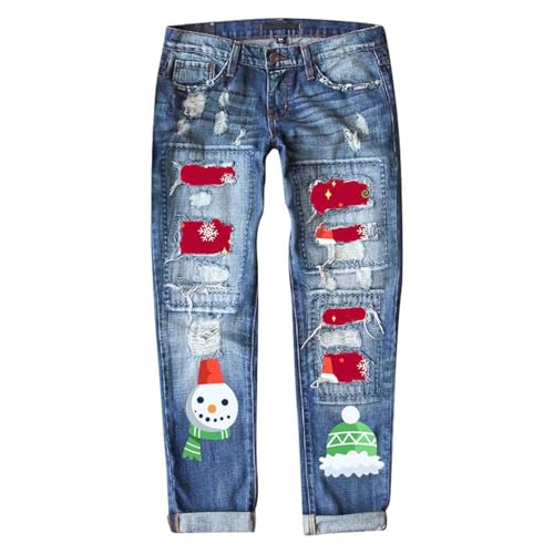 Modische Jeans mit Schneemann-Print im Used-Look und mittelhohem Bund und geradem Bein für Damen Damen Jeanshosen (Light Blue, S) von Generic