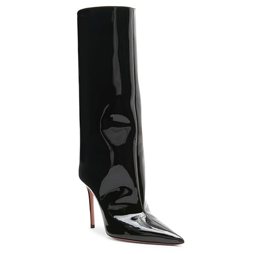 Modische Kniehohe Stiefel mit spitzer Zehenpartie Stilettoabsatz für Damen einfache einfarbige Slip-on-Kleiderstiefel mit hohem Absatz für Partys Hochzeiten Lange Stiefel,Schwarz,46 EU von Generic