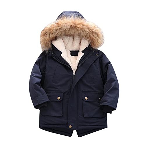 Modische Oberteile für Kleinkinder Kinder Jungen Mantel Pu-ffer Fleece gefütterte Jacke dicker Wintermantel mit Kapuze Winter wasserdichte Par-ka Oberbekleidung (Navy, 3-4 Years) von Generic