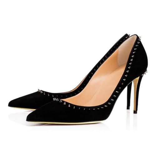 Modische Pumps mit Geschlossener Spitze und Absätzen für Damen, Elegante Pumps mit Dünnem Absatz und Spitzer Spitze für Abendkleider Büro Partys und Bankette Schlupfschuhe,Black Rivets,45 EU von Generic