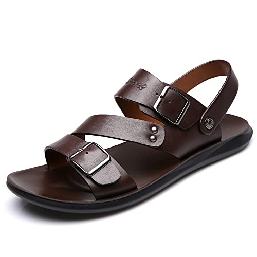 Modische Sandalen for Herren, Doppelschnalle, echtes Leder, offene Zehenpartie, einfarbig, rutschfeste Sommersandalen(Braun,43 EU) von Generic