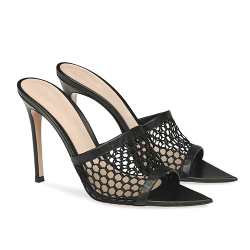 Modische Slingback-Pantoletten mit spitzem Peep-Toe aus Mesh, Slip-on-Sandalen mit Stiletto-Absatz, Schlichte einfarbige Mesh-Sommerabend-Party-Abschlussball-Tanzschuhe,Schwarz,35 EU von Generic