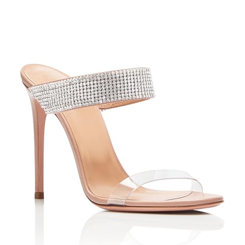 Modische Slingback-Sandalen mit Strasssteinen für Damen, hautfarbene Sommersandalen mit offener Zehenpartie und Stilettoabsatz, runde Zehenpartie aus Leder für Abendpartys,Nude,35EU von Generic