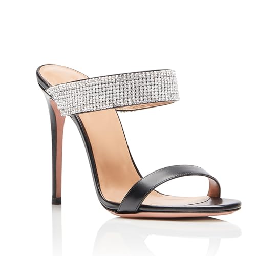 Modische Slingback-Sandalen mit Strasssteinen für Damen, hautfarbene Sommersandalen mit offener Zehenpartie und Stilettoabsatz, runde Zehenpartie aus Leder für Abendpartys,Schwarz,42EU von Generic