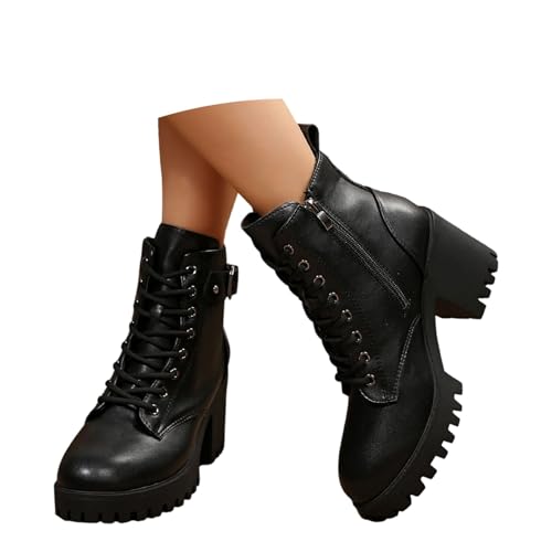 Modische Stiefeletten mit Blockabsatz Schnallenriemen für Damen Schnürstiefeletten ideal für den Winter (Black, 36) von Generic