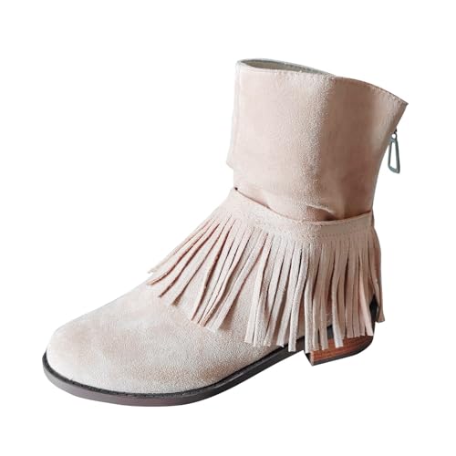 Modische Stiefeletten mit Fransen Wadenlang Bequem Casual Reißverschluss an der Rückseite für Winter Freizeit (Khaki, 36) von Generic
