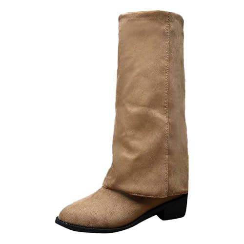 Modische Wildlederstiefel mit mittelhohem Absatz dicker Sohle für Winter (Khaki, 41) von Generic