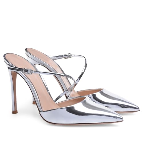 Modische geschlossene Stiletto-Sandalen mit spitzer Zehenpartie für Damen, sexy Pantoletten aus Lackleder mit hohem Absatz, Schlichte einfarbige rückenfreie Slip-on-Sandalen,Silber,39 EU von Generic