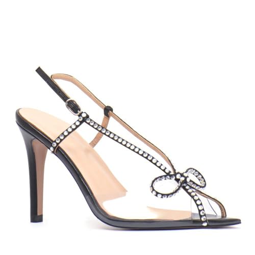 Modische klare Spitze Sandalen mit offenem Zehenbereich Stilettoabsatz Elegante High Heels mit Schleife und Strasssteinen Slingback-Sommer-PVC-Kleid-Party-Absatzschuhe,Schwarz,34 EU von Generic