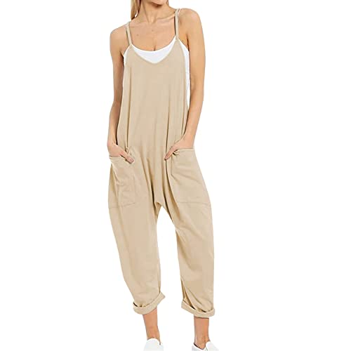 Modischer, ärmelloser Sommer-Overall für Damen, lockere Spaghettiträger, lässige Jumpsuits, Damen-Jumpsuits, schmale Passform, Yogahosen mit Taschen, beige, 36 von Generic