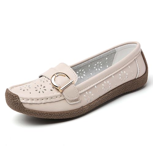Mokassins Damen Lässige Bequeme Loafers Ausschnitte Wanderschuhe Flache Halbschuhe Orthopädische Freizeitschuhe rutschfeste Schuhe Klassischer Atmungsaktive Sommerschuh (Beige, 42) von Generic