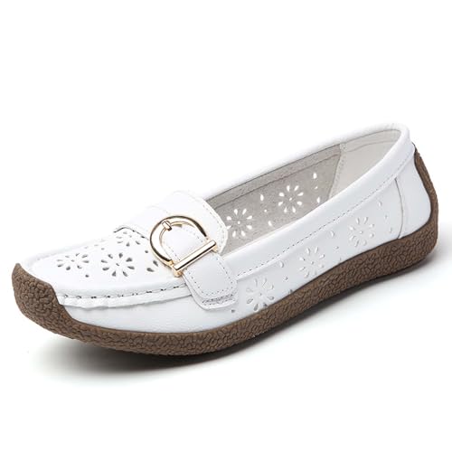 Mokassins Damen Lässige Bequeme Loafers Ausschnitte Wanderschuhe Flache Halbschuhe Orthopädische Freizeitschuhe rutschfeste Schuhe Klassischer Atmungsaktive Sommerschuh (White, 40) von Generic