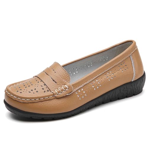 Mokassins Damen Lässige Bequeme Loafers Ausschnitte Wanderschuhe rutschfeste Schuhe Orthopädische Freizeitschuhe Klassischer Atmungsaktive Sommerschuh Flache Halbschuhe (Khaki, 37) von Generic