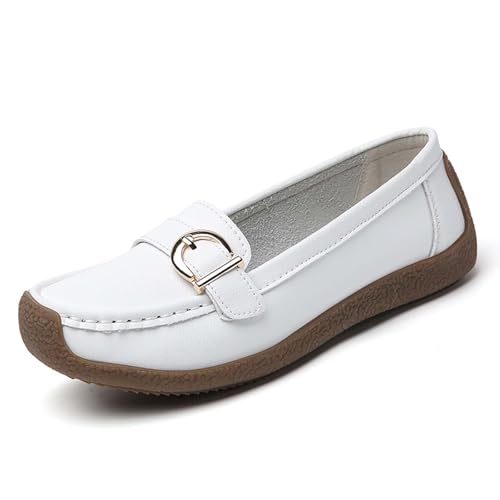Mokassins Damen Lässige Bequeme Loafers Flache Halbschuhe Atmungsaktive Wanderschuhe rutschfeste Freizeitschuhe Orthopädische Schuhe Klassischer Sommerschuh Bootsschuhe (White, 43) von Generic