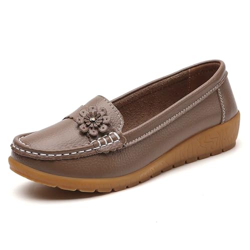 Mokassins Damen Lässige Bequeme Loafers rutschfeste Freizeitschuhe Flache Halbschuhe Orthopädische Schuhe Atmungsaktive Wanderschuhe Klassischer Sommerschuh Bootsschuhe (Khaki, 40) von Generic