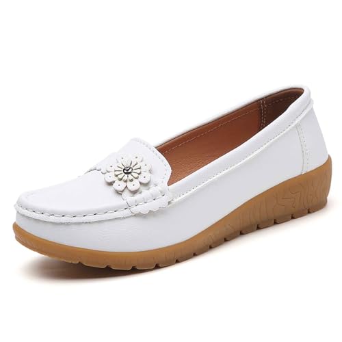 Mokassins Damen Lässige Bequeme Loafers rutschfeste Freizeitschuhe Flache Halbschuhe Orthopädische Schuhe Atmungsaktive Wanderschuhe Klassischer Sommerschuh Bootsschuhe (White, 38) von Generic