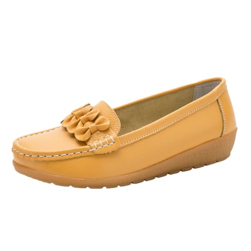 Mokassins Damen Lässige Bequeme Loafers rutschfeste Freizeitschuhe Orthopädische Schuhe Flache Halbschuhe Atmungsaktive Wanderschuhe Klassischer Sommerschuh Bootsschuhe (Yellow, 35) von Generic
