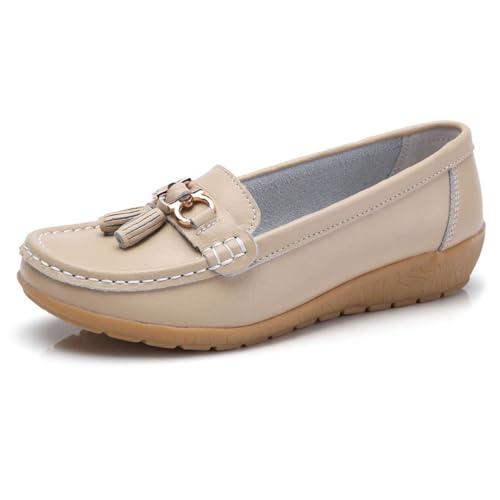 Mokassins Damen Orthopädische Loafers rutschfeste Schuhe Atmungsaktive Freizeitschuhe Bequeme Wanderschuhe Flache Halbschuhe Klassischer Sommerschuh Bootsschuhe (A01 Beige, 41) von Generic