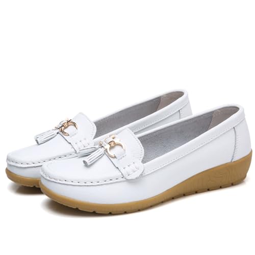 Mokassins Damen Orthopädische Loafers rutschfeste Schuhe Atmungsaktive Freizeitschuhe Bequeme Wanderschuhe Flache Halbschuhe Klassischer Sommerschuh Bootsschuhe (A03 White, 43) von Generic