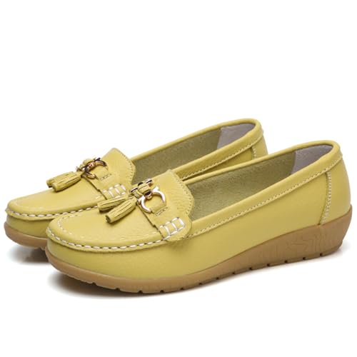 Mokassins Damen Orthopädische Loafers rutschfeste Schuhe Atmungsaktive Freizeitschuhe Bequeme Wanderschuhe Flache Halbschuhe Klassischer Sommerschuh Bootsschuhe (A07 Light Yellow, 37) von Generic