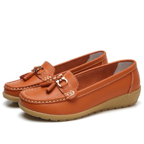 Mokassins Damen Orthopädische Loafers rutschfeste Schuhe Atmungsaktive Freizeitschuhe Bequeme Wanderschuhe Flache Halbschuhe Klassischer Sommerschuh Bootsschuhe (A08 Orange, 43) von Generic
