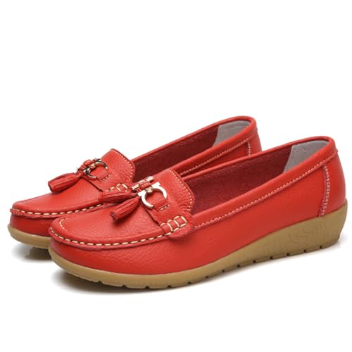Mokassins Damen rutschfeste Loafers Orthopädische Schuhe Atmungsaktive Freizeitschuhe Bequeme Wanderschuhe Flache Halbschuhe Klassischer Sommerschuh Bootsschuhe (A12 Red, 41) von Generic
