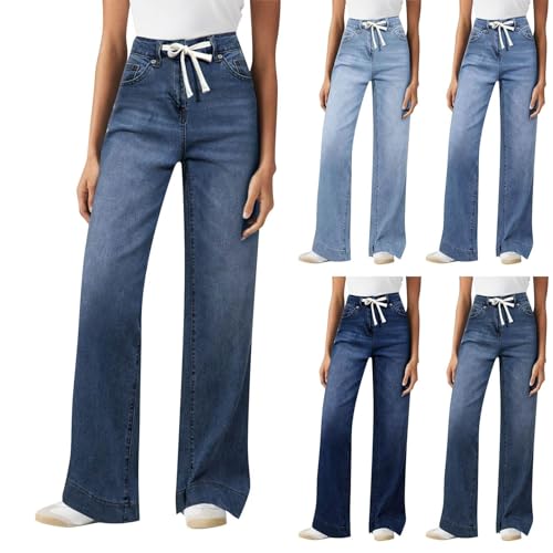 Mom Jeans Damen High Waist - Jeanshose Damen Stretch Mit Gummizug Denimhose Elastische Taille Freizeithose Baggy Straight-Hosen Breite Bein Schlupfjeans Loose Fit Y2K Hose von Generic