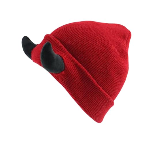 Mongolen Mütze Teufel Hörner Männer Hut Gestrickte Beanie Mit Hörnern Frauen Hip Hop Daemon Hörner Kappe Für Winter Warme Ski Outdoor M 2 (Red, One Size) von Generic