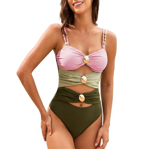 Monokini Damen Bauchweg Swimming Costume Women Fashionable Color Blocked Metal Stretch Piece Swimsuit with Breast Pad No Support Damen Badeanzug Sport Mit Cup Bandeau Badeanzug (Pink XXL) von Generic
