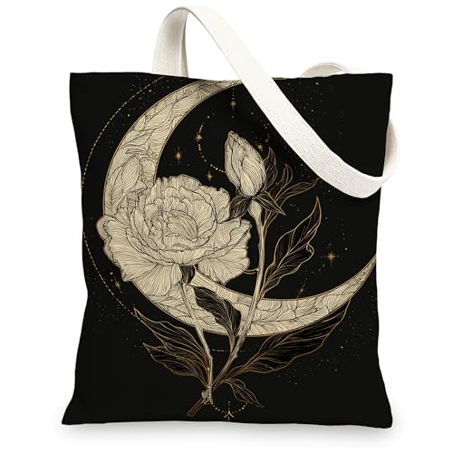 Moon Elegante botanische Canvas-Taschen, wiederverwendbar, leicht, waschbar, mit Schultergurt, Schwarz, 13x15 Inch von Generic