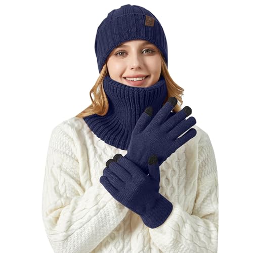 Mütze, Schal & Handschuh-Sets für Damen Herren Slouchy Beanie Mütze Herren Winter Fleece Gefütterte Strickmütze Handschuh Loop Schal Halswärmer Schlauchschal set Marine von Generic