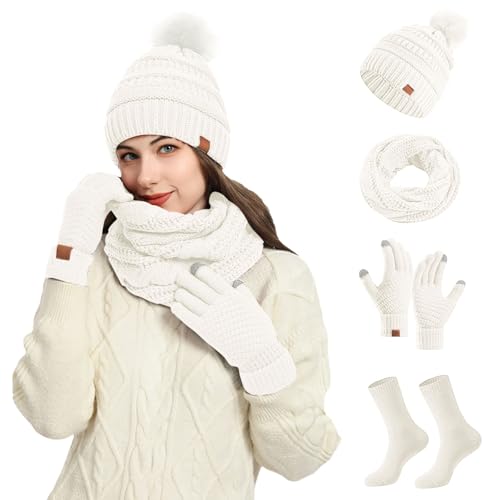 Mütze Schal & Handschuh-Sets für Damen Wintermütze Schal Handschuhe Set Damen Beanie Mütze Langer Schal Touchscreen Handschuhe Socken 4 in 1 Set mit Fleece gefüttert Für Frauen von Generic
