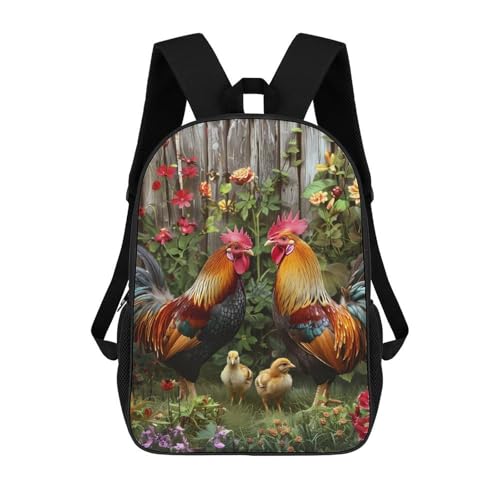 Multifunktion Laptoprucksack Huhn Hahn Gartenblumen Wanderrucksack Unisex Laptoptasche Für Job, Camping, Geschenk, 42X32X14Cm von Generic
