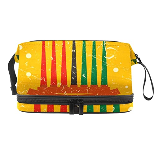 Multifunktionale Aufbewahrungstasche für Reisen, Kosmetiktasche mit Griff, sieben Kwanzaa-Kerzen, gelber Hintergrund, große Kapazität, Reise-Kosmetiktasche, Mehrfarbig, 27x15x14 cm/10.6x5.9x5.5 in von Generic