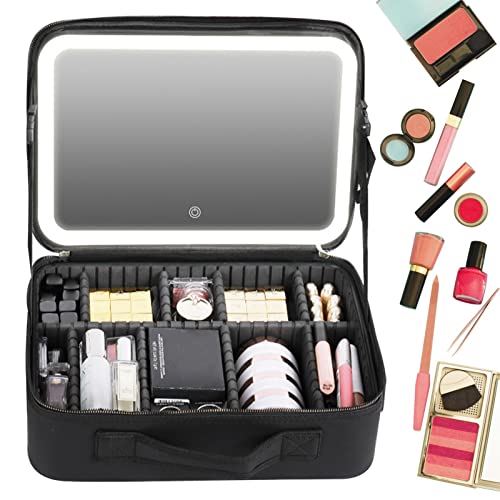 Multifunktionale Kosmetiktasche, tragbare Kulturbeutel - große Make-up-Tasche - Kosmetiktasche für unterwegs mit Spiegel und Lichtern, Make-up-Organizer-Tasche groß, Schwarz , L von Generic