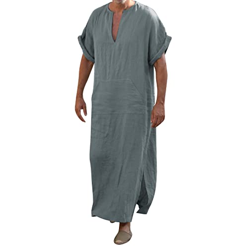 Muslim Kaftan Herren, Herren Kaftan Baumwolle Leinen Lang Einfarbig Jilbab Herren Muslimische Robe mit Tasche Islamische Gebetskleidung für Männer Afghanische Arabische Kleidung Kleider von Generic