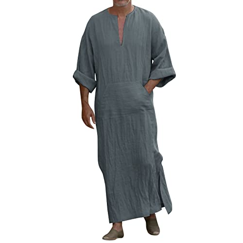 Muslim Kaftan Herren, Herren Kaftan Baumwolle Leinen Lang Einfarbig Jilbab Herren Muslimische Robe mit Tasche Islamische Gebetskleidung für Männer Afghanische Arabische Kleidung Kleider von Generic